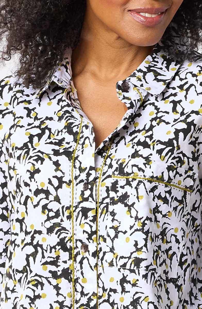 Aashna Organic Cotton High-Low Hem Button-Down Shirt - White/Black - Image 3