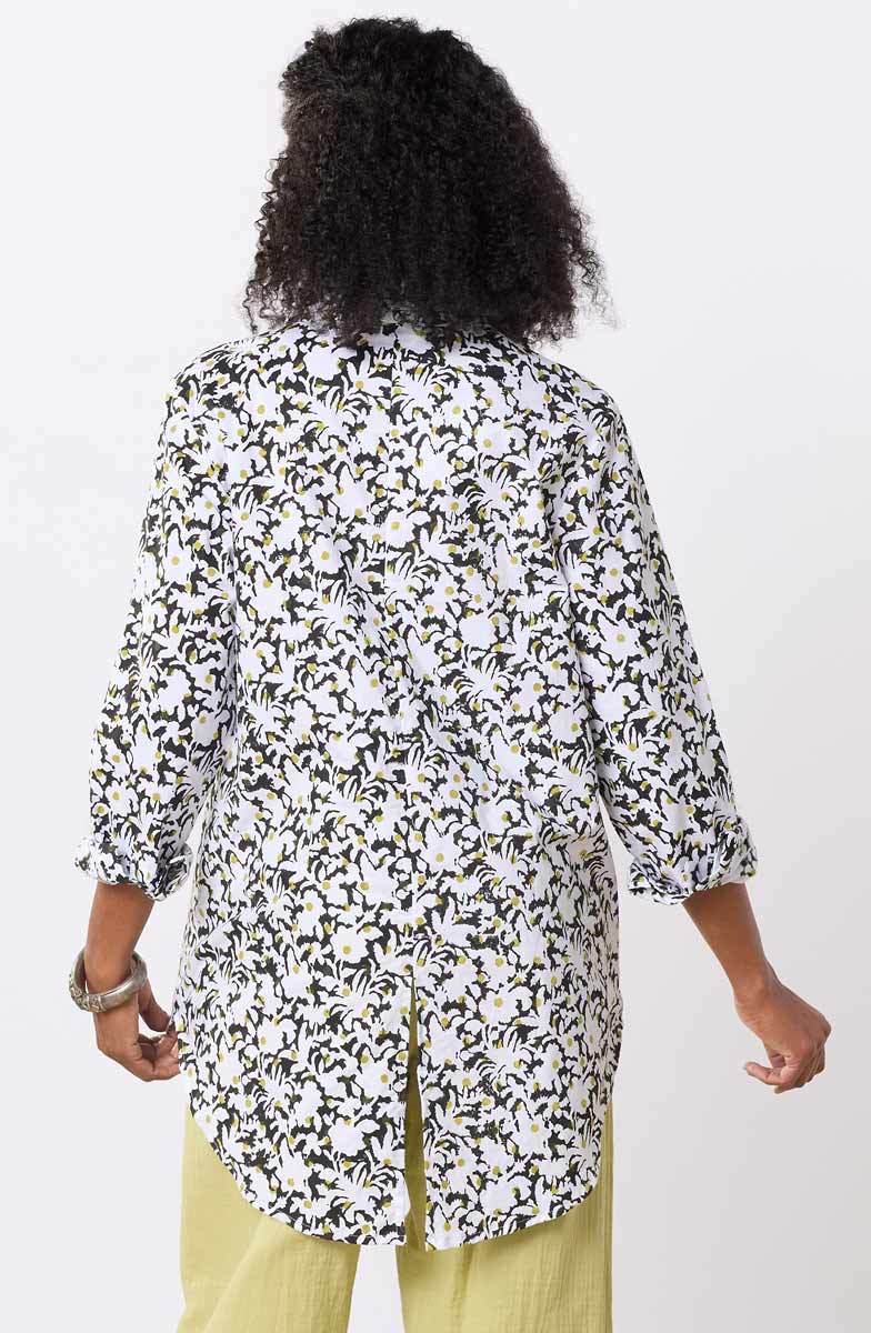 Aashna Organic Cotton High-Low Hem Button-Down Shirt - White/Black - Image 5