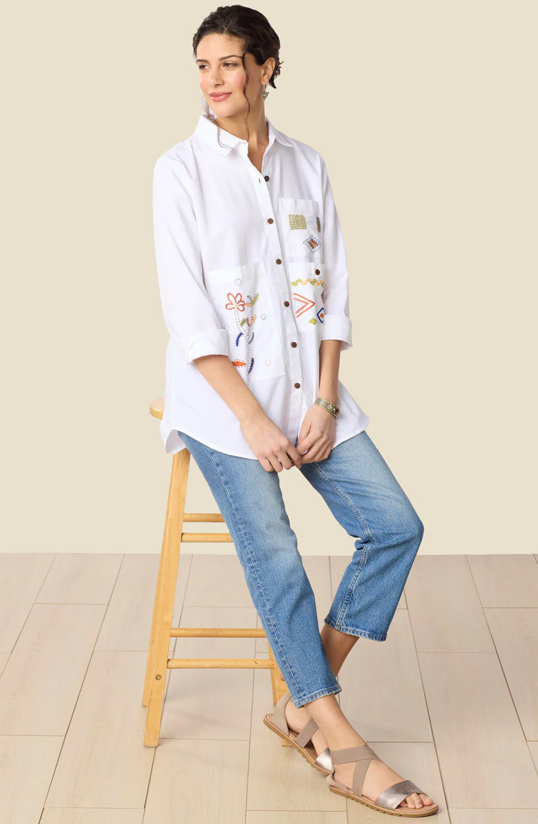 Aashna Organic Cotton High-Low Hem Button-Down Shirt - White - Image 4