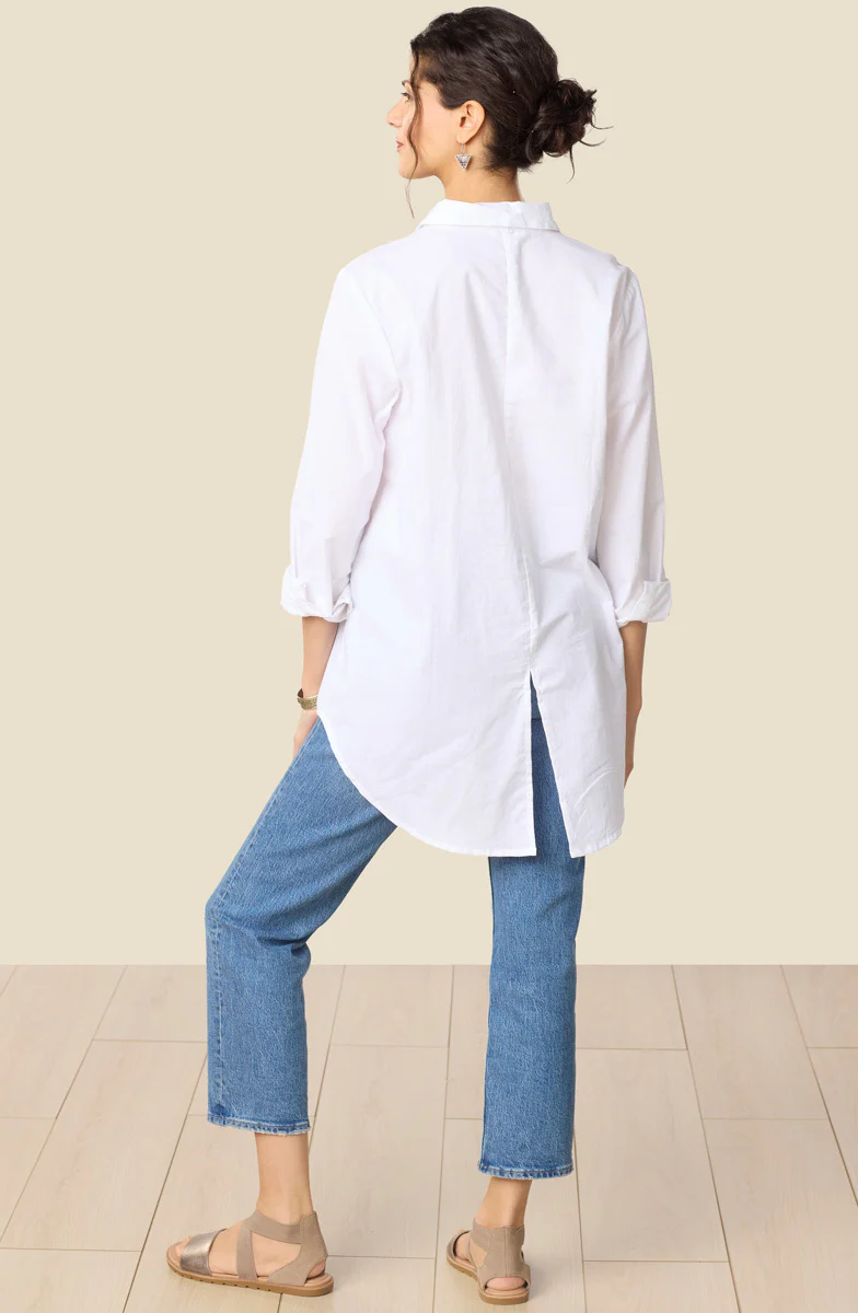 Aashna Organic Cotton High-Low Hem Button-Down Shirt - White - Image 5