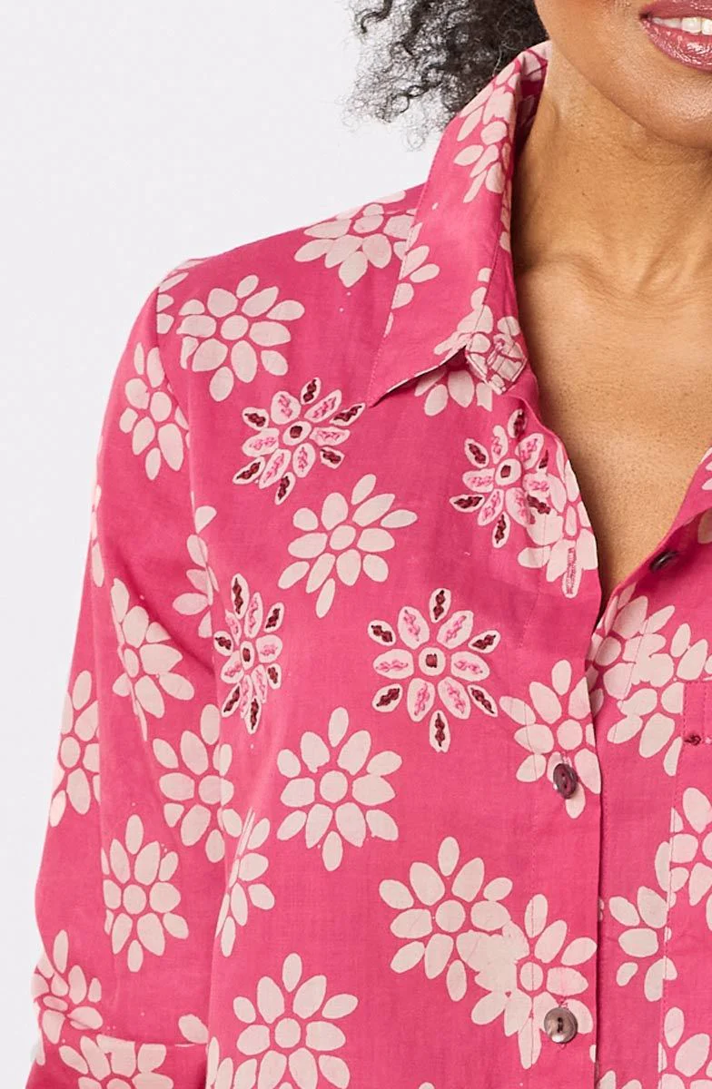 Aashna High-Low Hem Button-Down Shirt - Berry/Natural - Image 3
