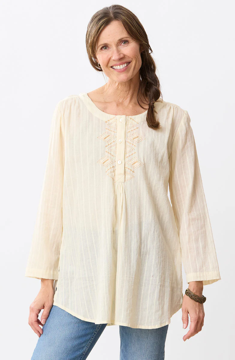 Abha Textured Cotton Henley Tunic - Natural
