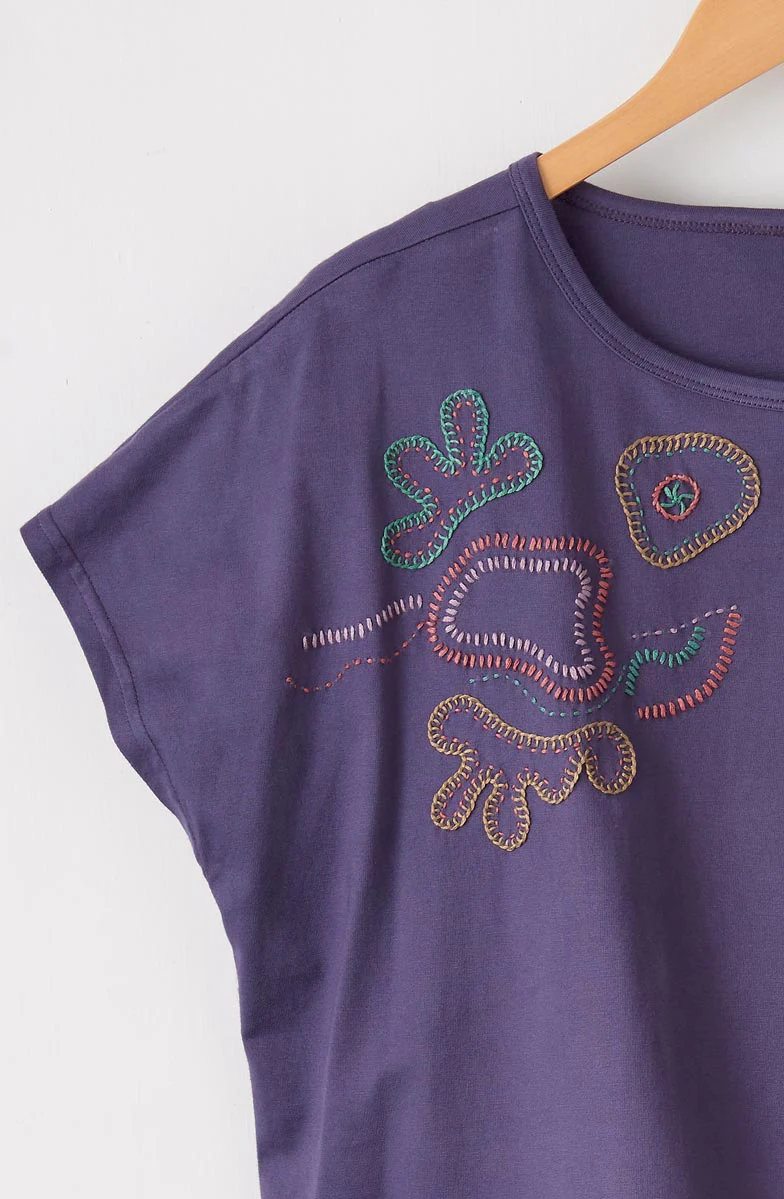 Akila Embroidered Knit Cap Sleeve Tee - Aubergine - Image 2