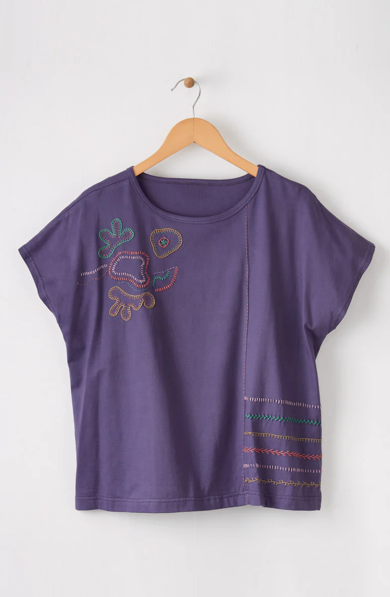 Akila Embroidered Knit Cap Sleeve Tee - Aubergine - Image 3