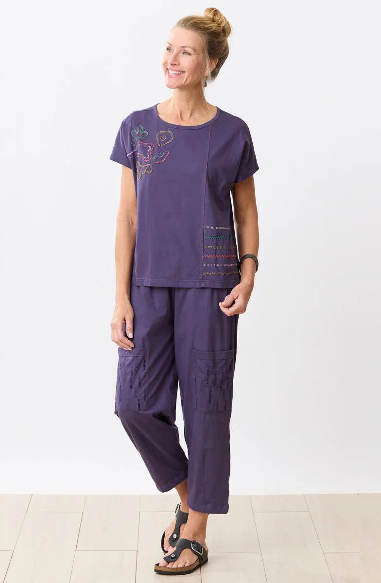 Akila Embroidered Knit Cap Sleeve Tee - Aubergine - Image 5
