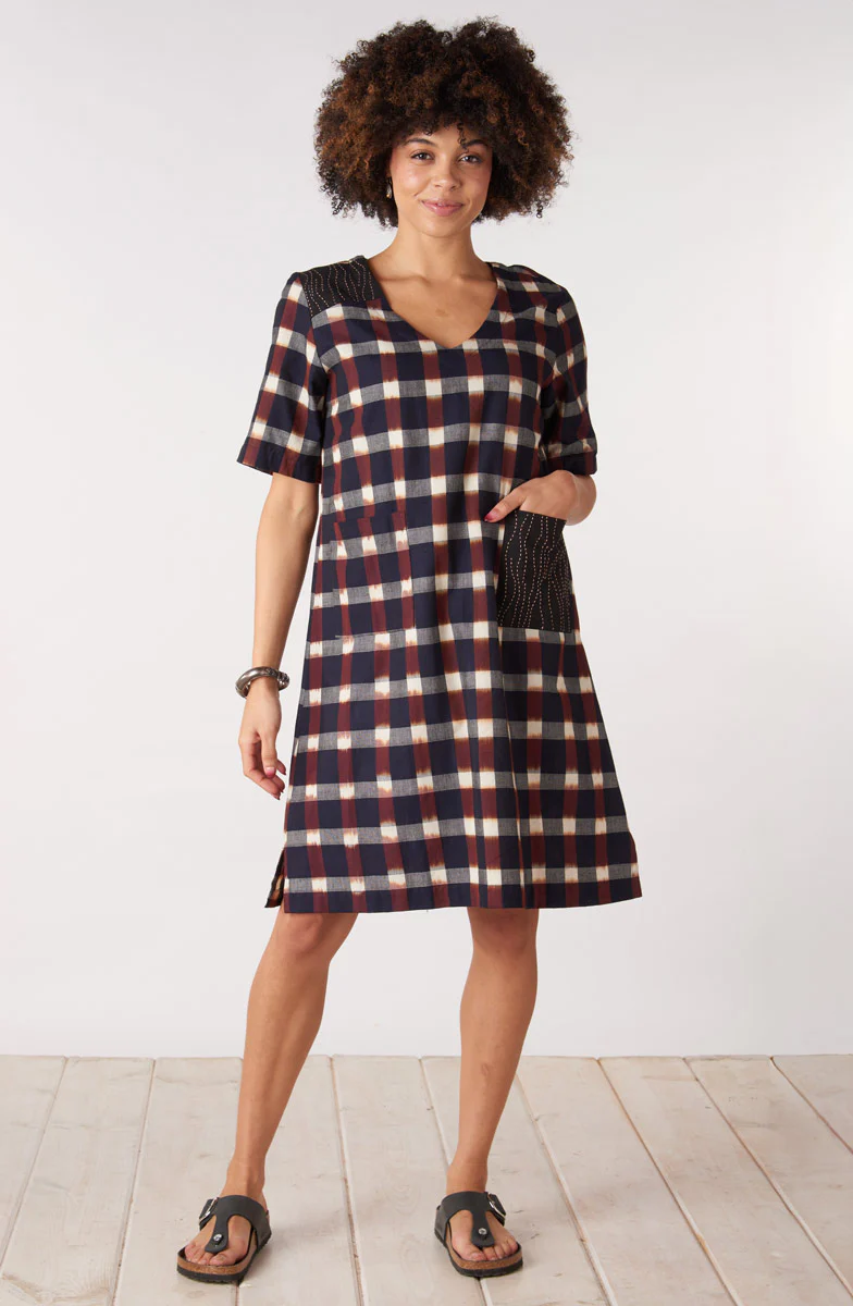 Aloka Ikat V-Neck Knee-Length Dress - Black/Multi