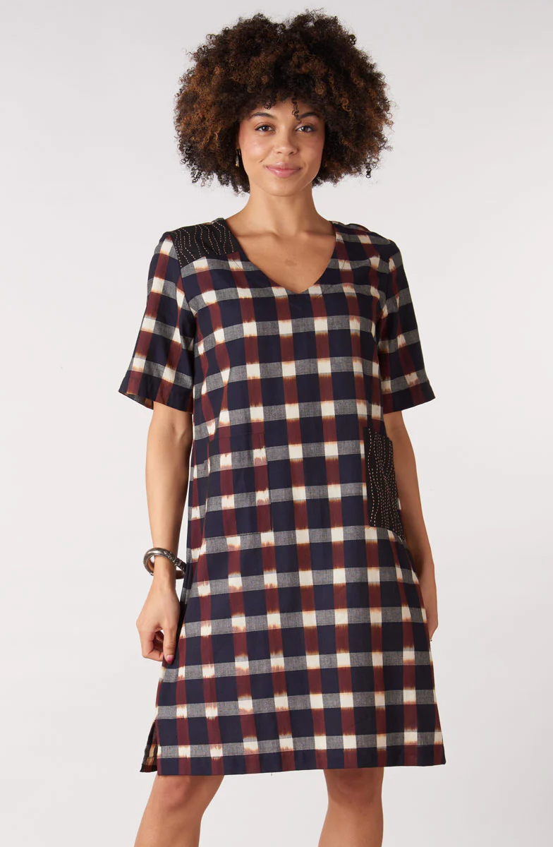 Aloka Ikat V-Neck Knee-Length Dress - Black/Multi - Image 3