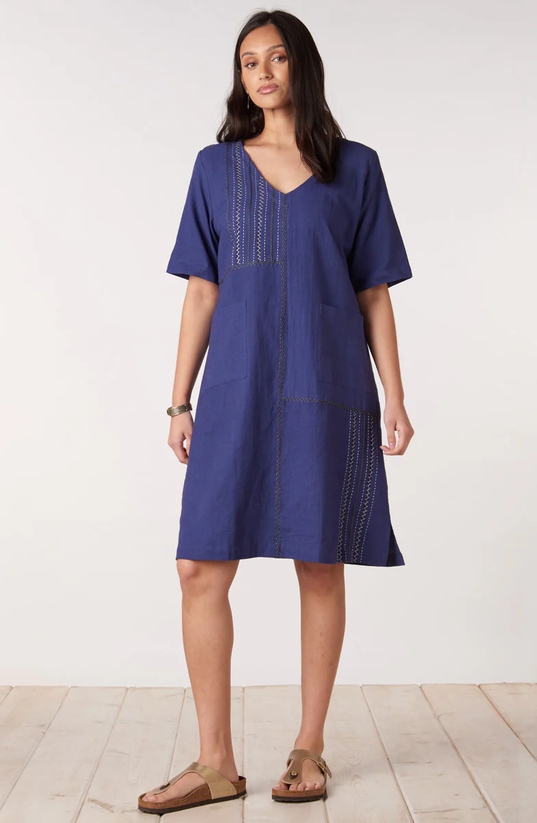 Aloka V-Neck Knee-Length Dress - Dark celestial