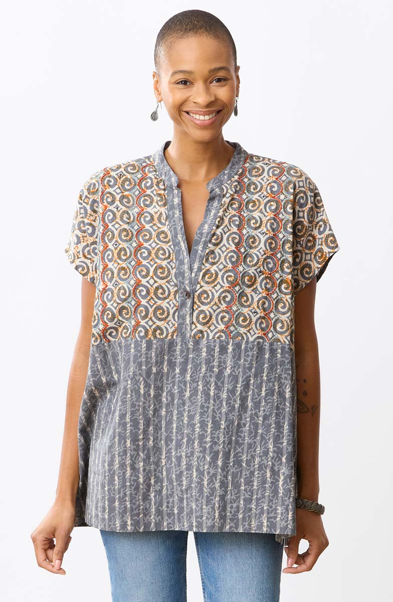 Ambala Oversize Cap-Sleeve Shirt - Storm/Multi