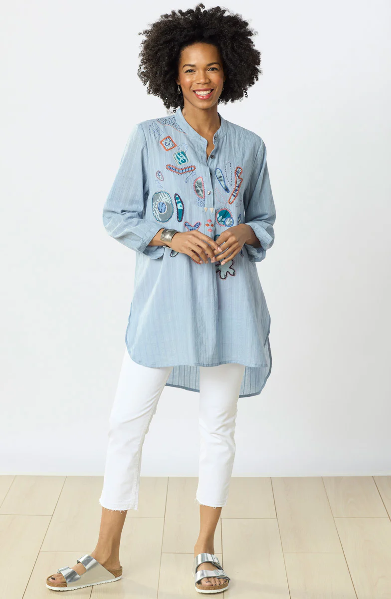 Amreli Upcycled Appliqué Lightweight Tunic - Cloud - Image 4