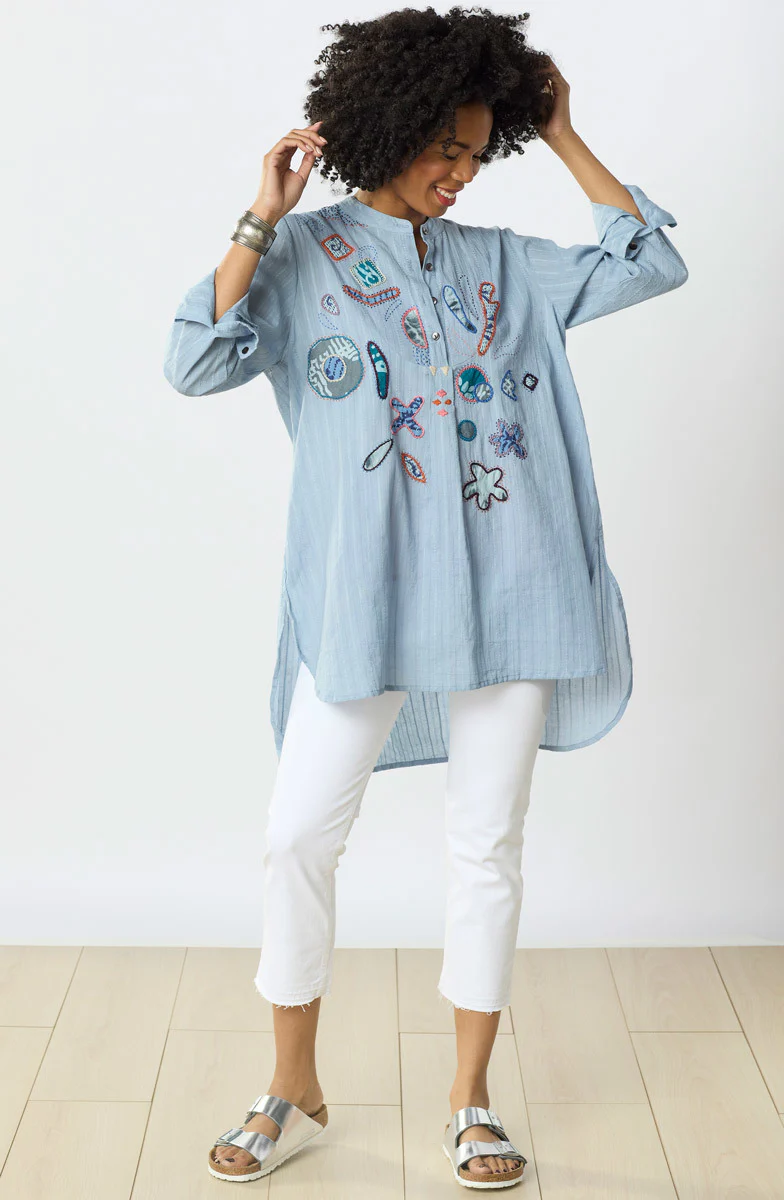 Amreli Upcycled Appliqué Lightweight Tunic - Cloud - Image 5