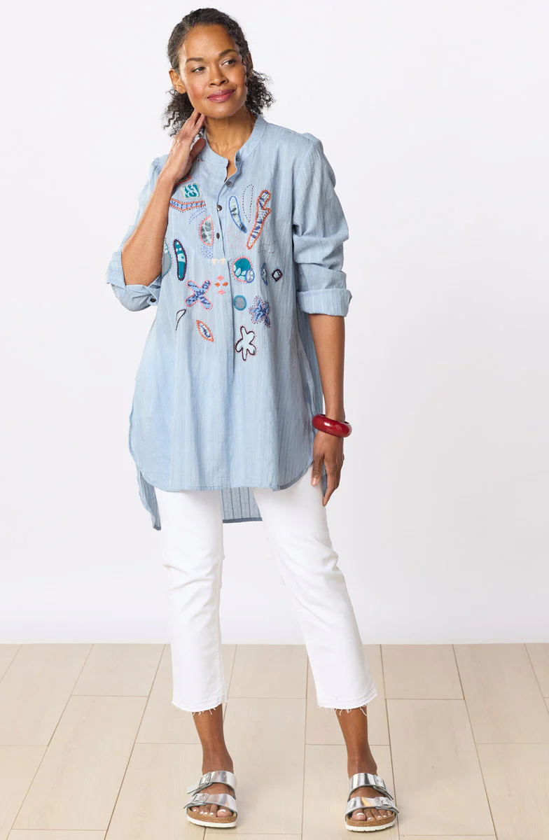 Amreli Upcycled Appliqué Lightweight Tunic - Cloud - Image 6