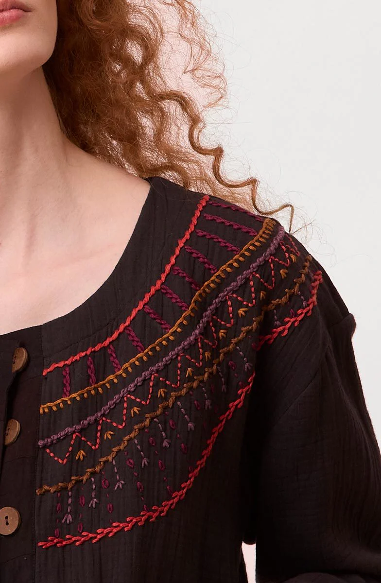 Amyra Cotton Double Gauze Embroidered Top - Black/Multi - Image 3
