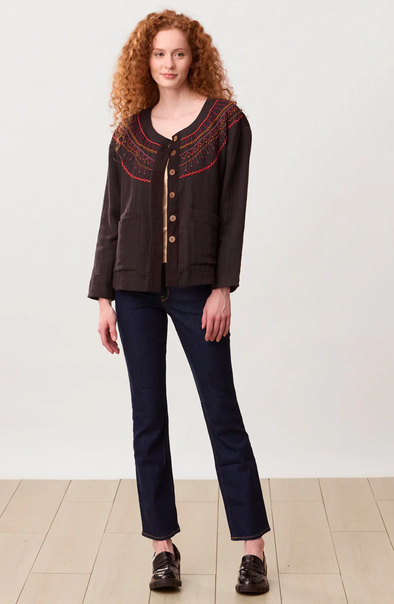 Amyra Cotton Double Gauze Embroidered Top - Black/Multi - Image 5