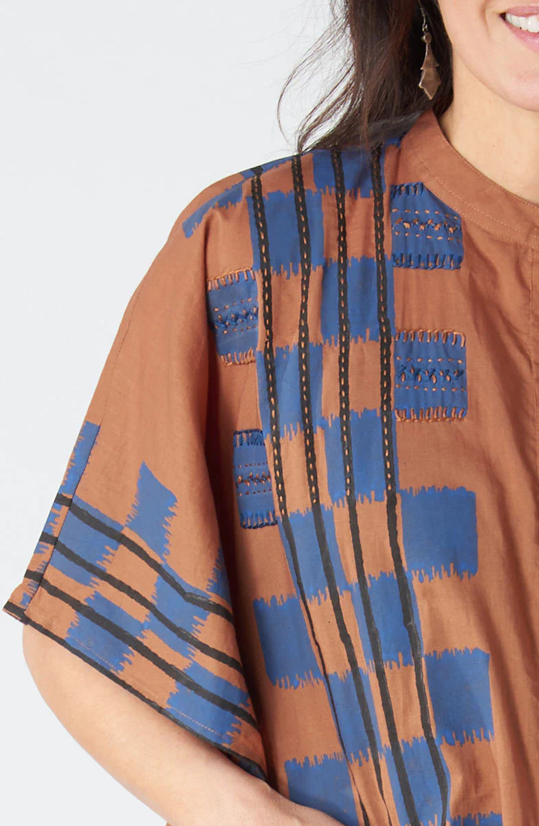 Anika Band Collar Kaftan Shirt - Honey/Navy - Image 3