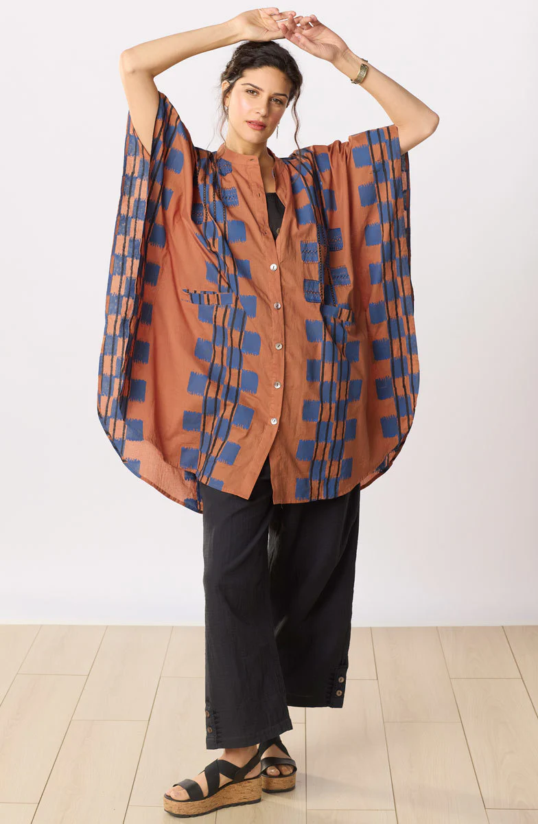 Anika Band Collar Kaftan Shirt - Honey/Navy - Image 4