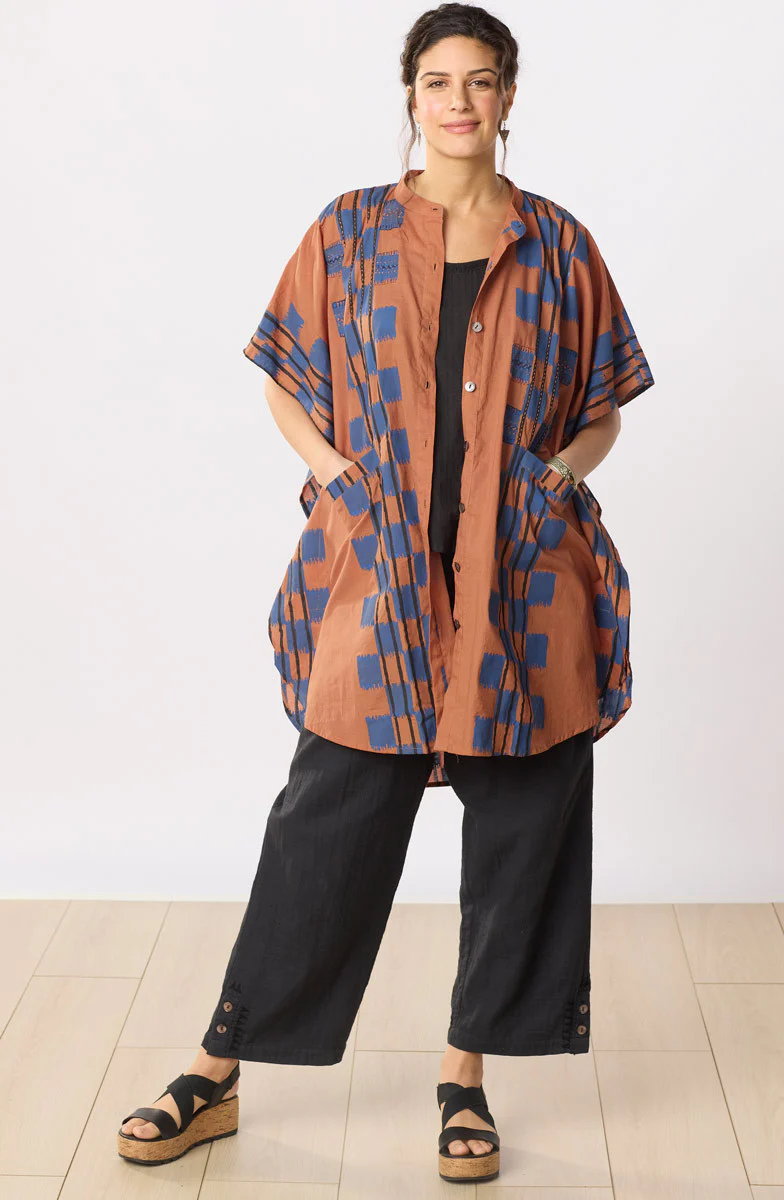 Anika Band Collar Kaftan Shirt - Honey/Navy - Image 5