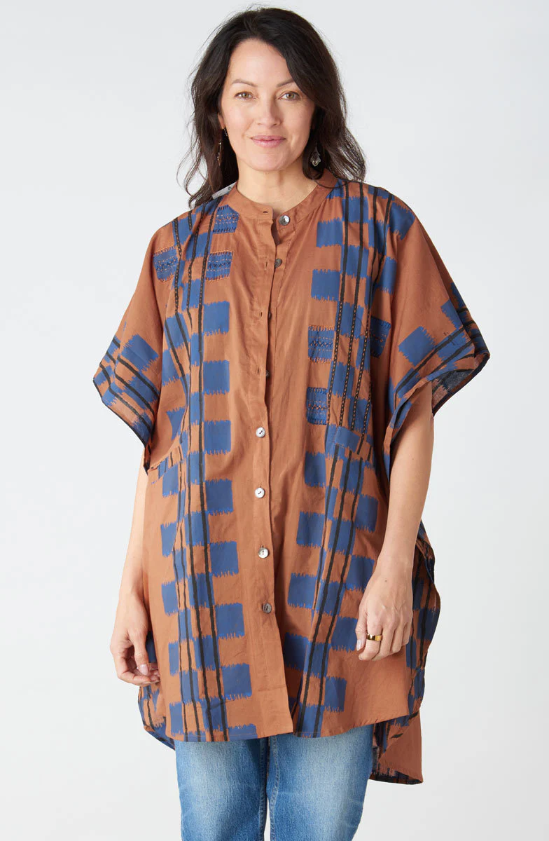 Anika Band Collar Kaftan Shirt - Honey/Navy - Image 6