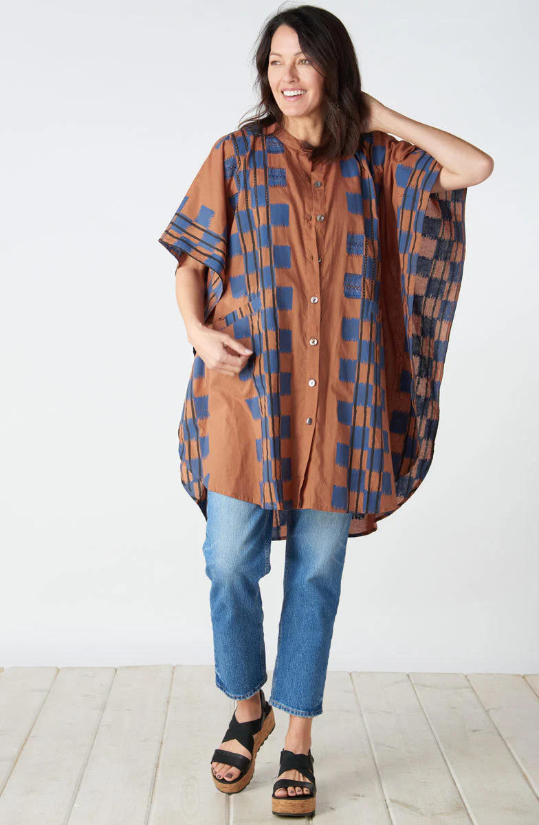 Anika Band Collar Kaftan Shirt - Honey/Navy - Image 7