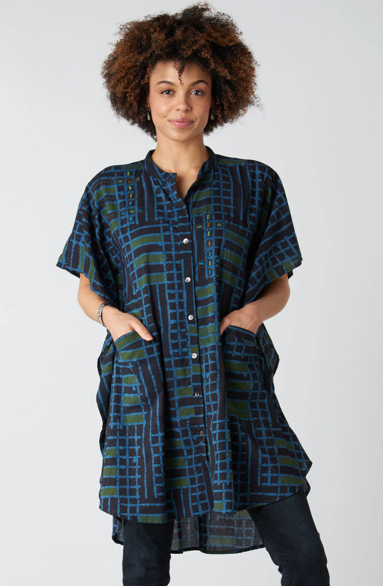 Anika Band Collar Kaftan Shirt - Charcoal/Multi
