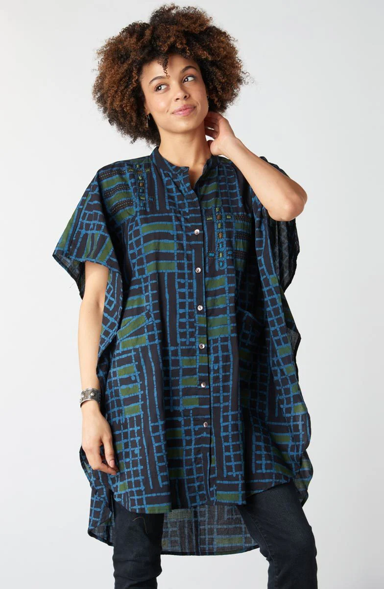 Anika Band Collar Kaftan Shirt - Charcoal/Multi - Image 2