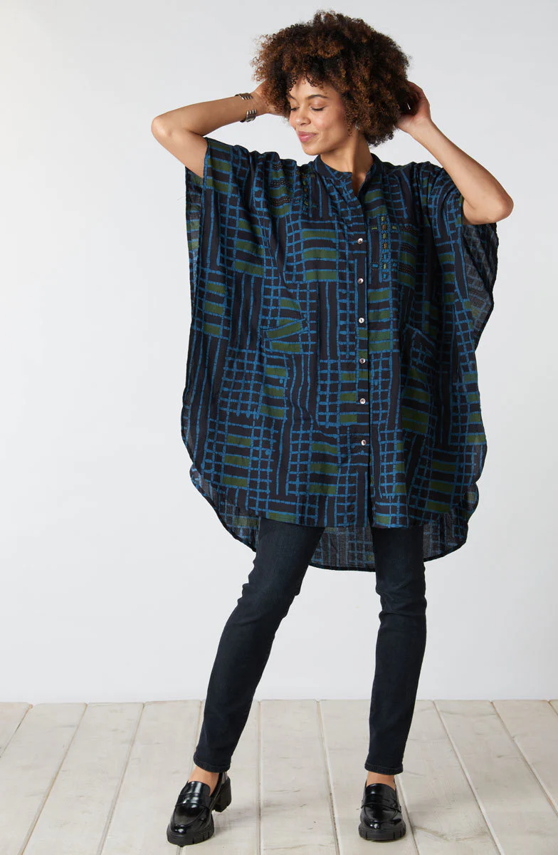Anika Band Collar Kaftan Shirt - Charcoal/Multi - Image 4