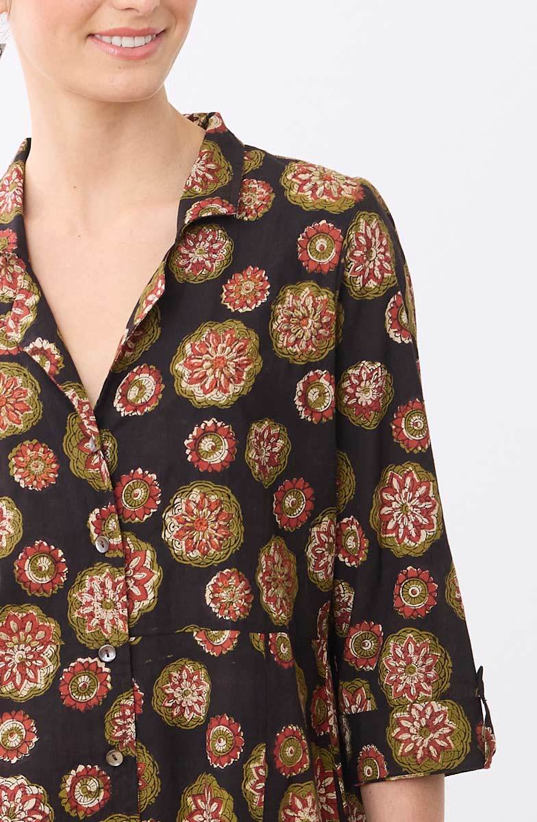 Anisha Resort Collar Fit and Flair Shirtdress - Black/Multi - Image 3