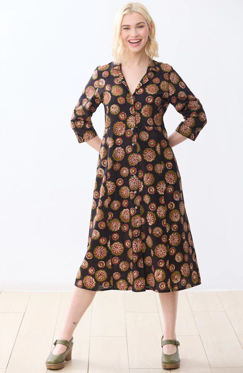 Anisha Resort Collar Fit and Flair Shirtdress - Black/Multi - Image 5