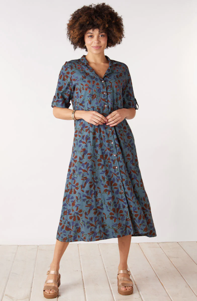 Anisha Resort Collar Fit and Flair Shirtdress - Blue/Multi