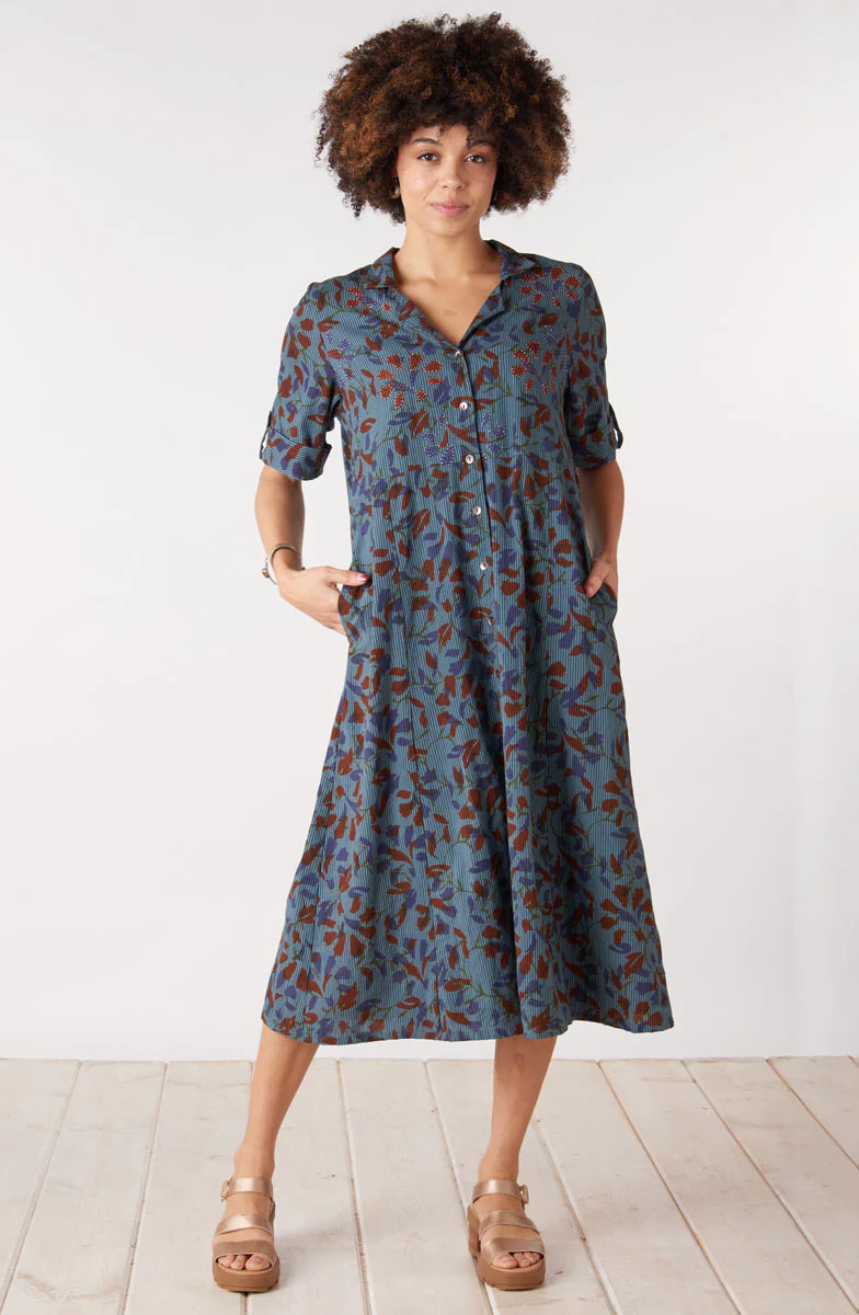 Anisha Resort Collar Fit and Flair Shirtdress - Blue/Multi - Image 3