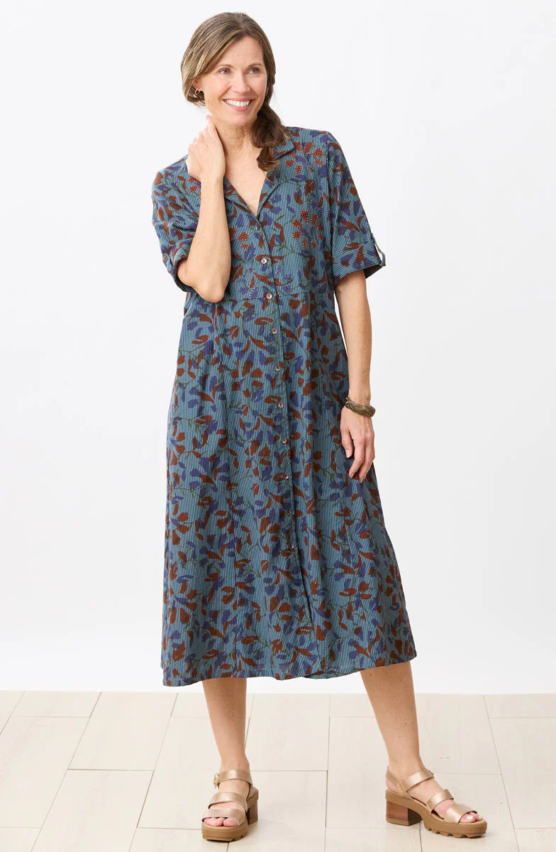 Anisha Resort Collar Fit and Flair Shirtdress - Blue/Multi - Image 4