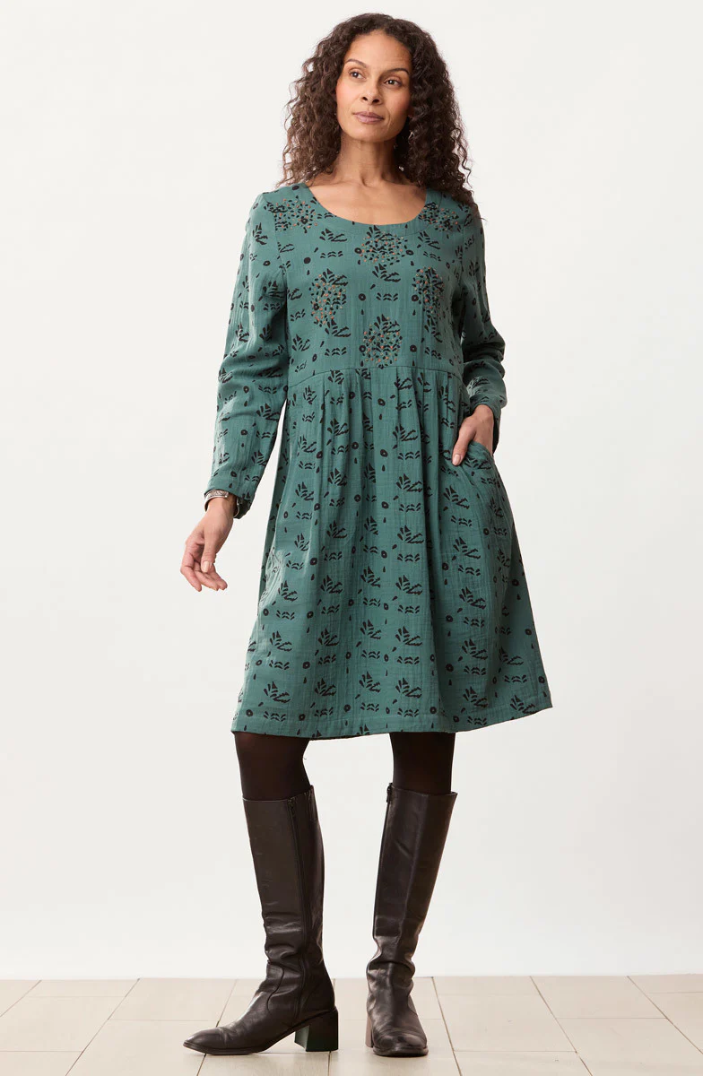 Anura Cotton Double Gauze Knee-Length Dress - Dusty teal - Image 4