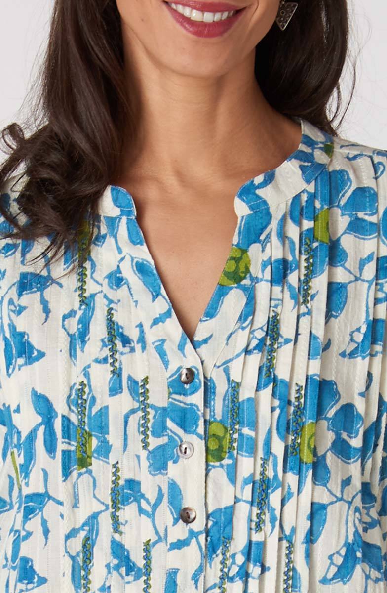 Anvita Short-Sleeve Pleated Shirtdress - White/Blue - Image 3