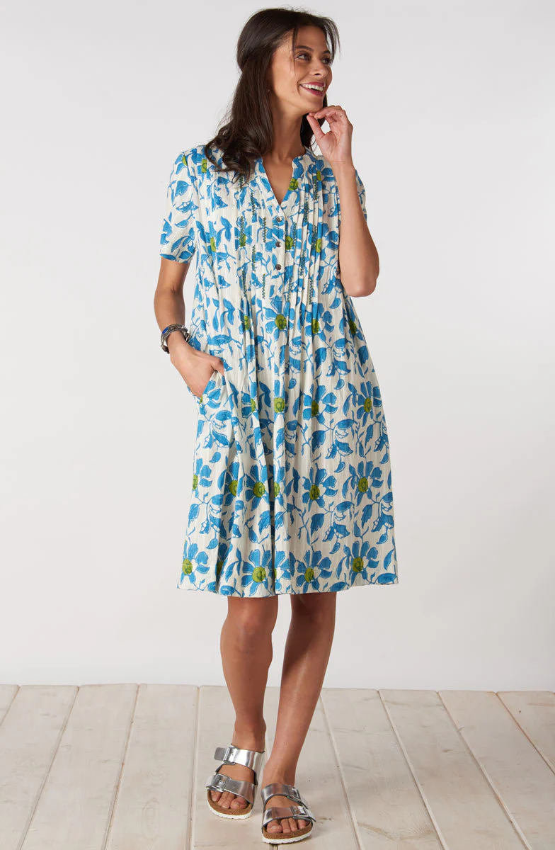 Anvita Short-Sleeve Pleated Shirtdress - White/Blue - Image 4