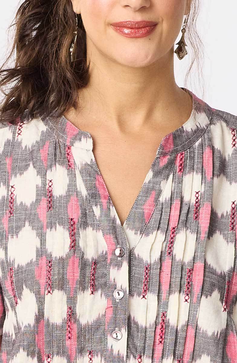 Anvita Short-Sleeve Pleated Shirtdress - Natural/Pink/Grey - Image 3