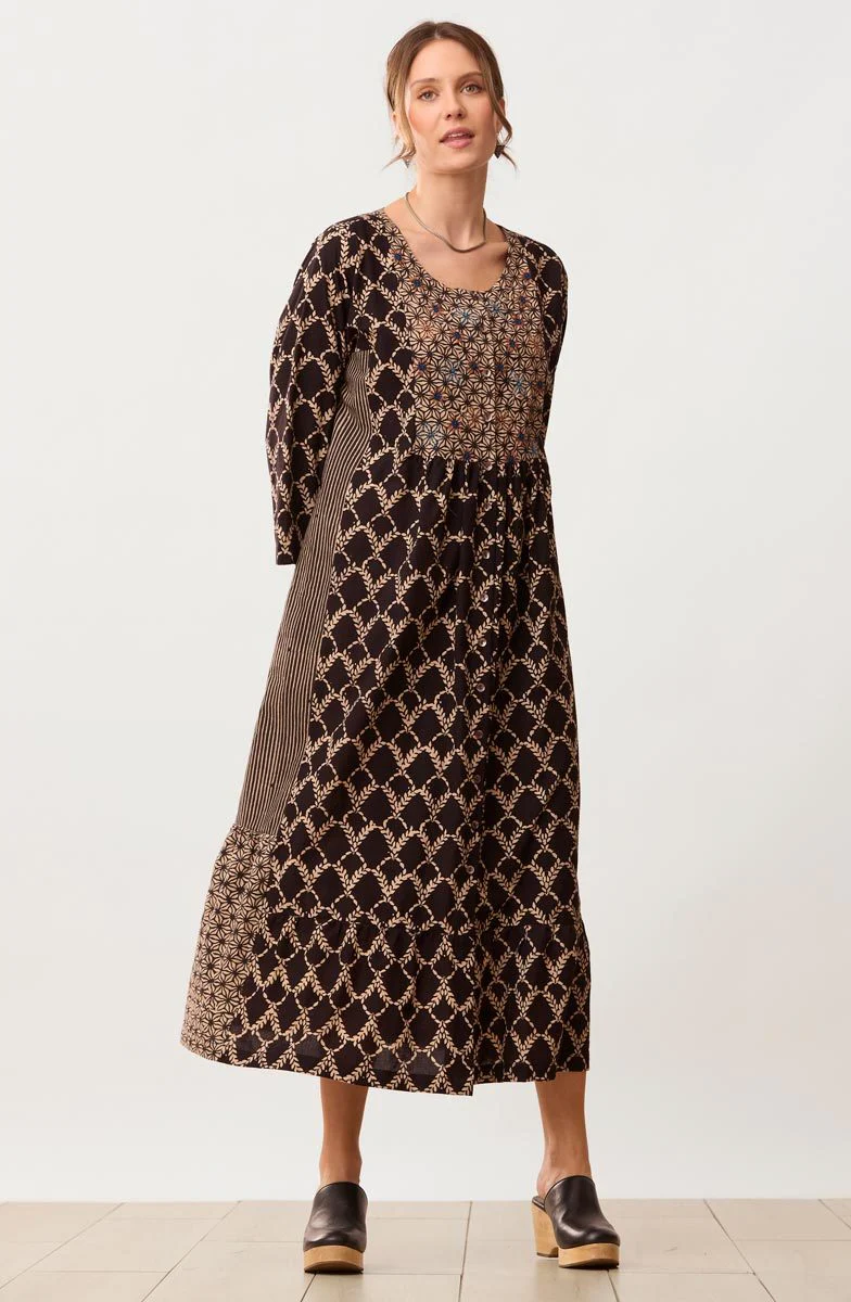 Avika Bracelet-Sleeves Buttondown Long Dress - Black/Natural - Image 4