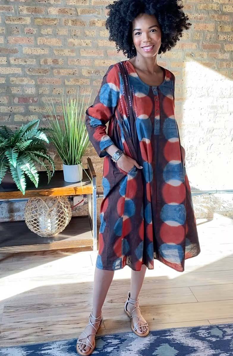Bamini Long-Sleeve Scoop-Neck Midi Dress - Indigo/Multi - Image 7