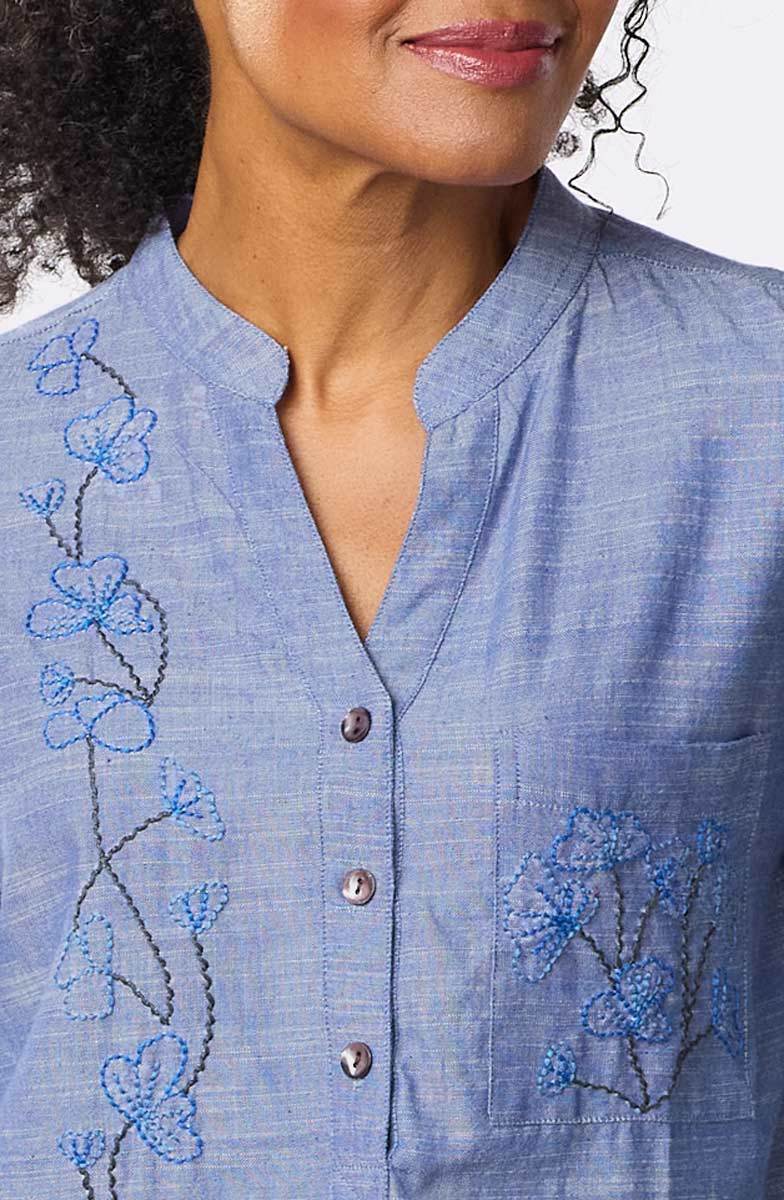 Chinam Band Collar Henley Shirt - Chambray - Image 3