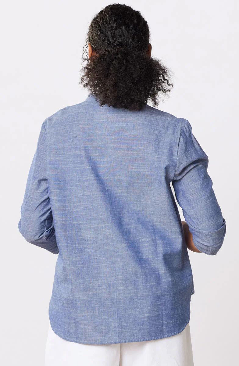 Chinam Band Collar Henley Shirt - Chambray - Image 4