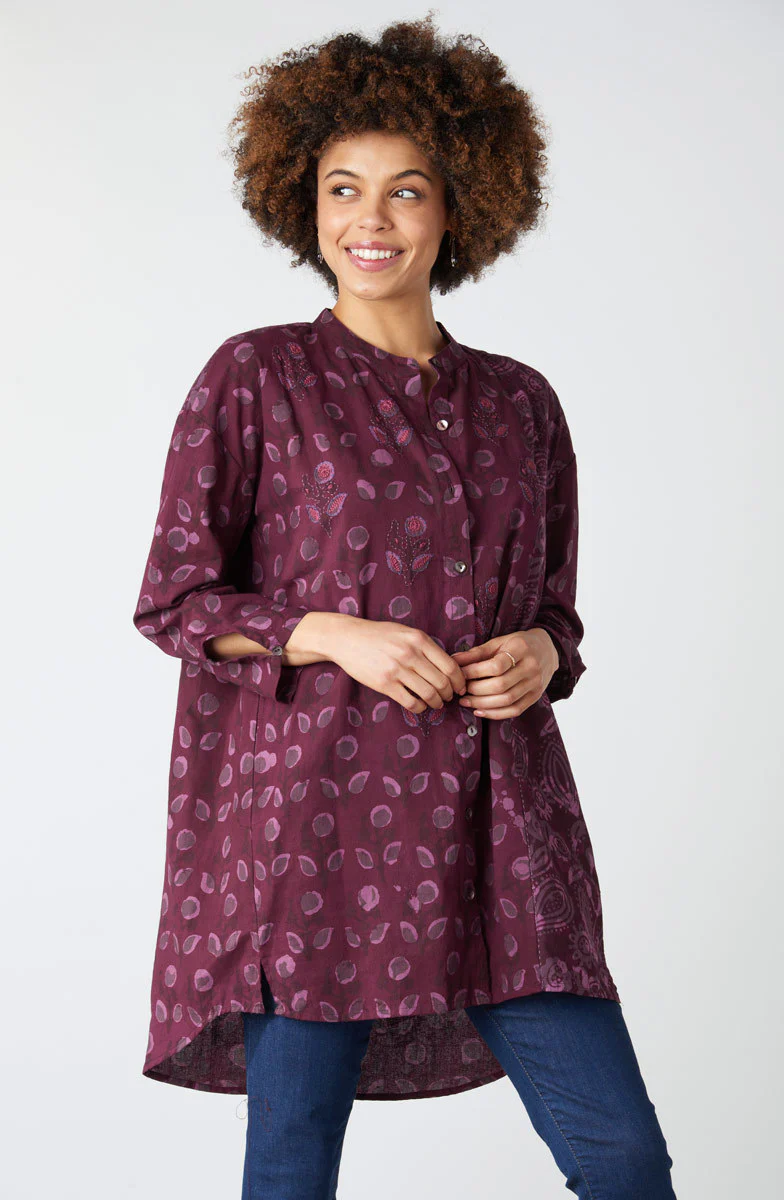 Chitrani Band Collar Oversized Shirt - Eggplant/Multi - Image 2