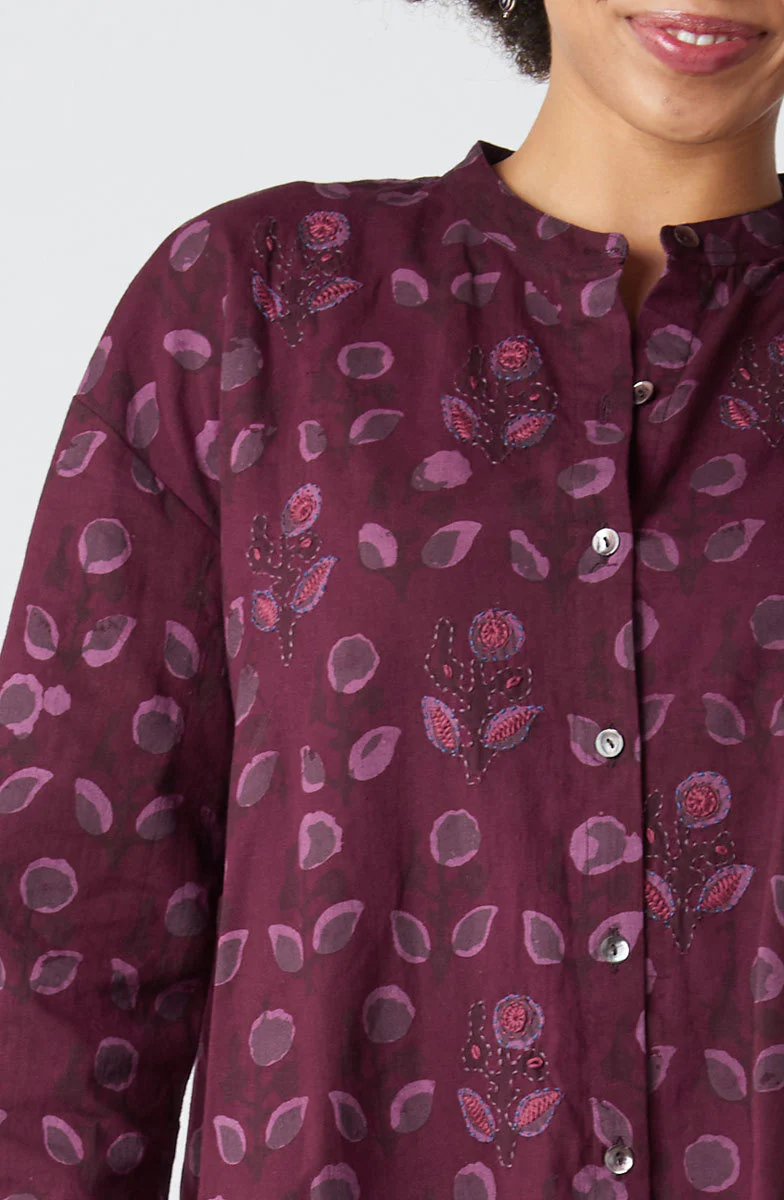 Chitrani Band Collar Oversized Shirt - Eggplant/Multi - Image 3