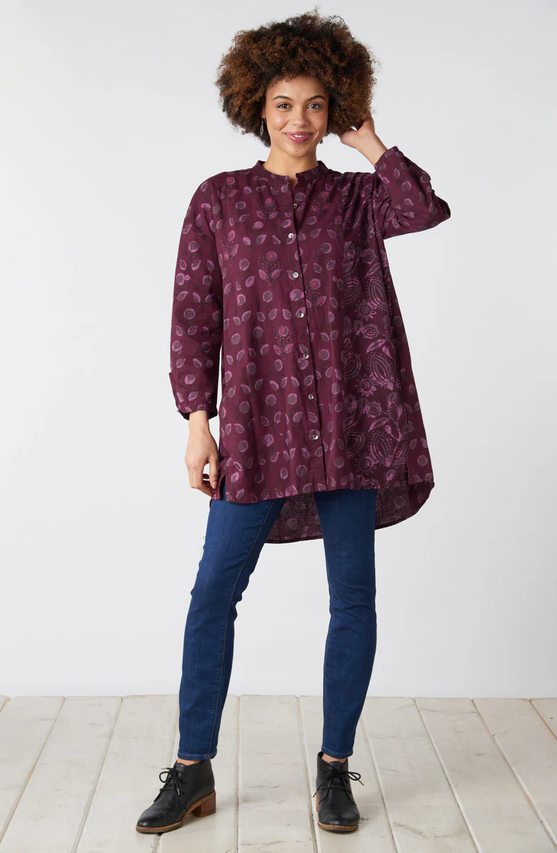 Chitrani Band Collar Oversized Shirt - Eggplant/Multi - Image 5