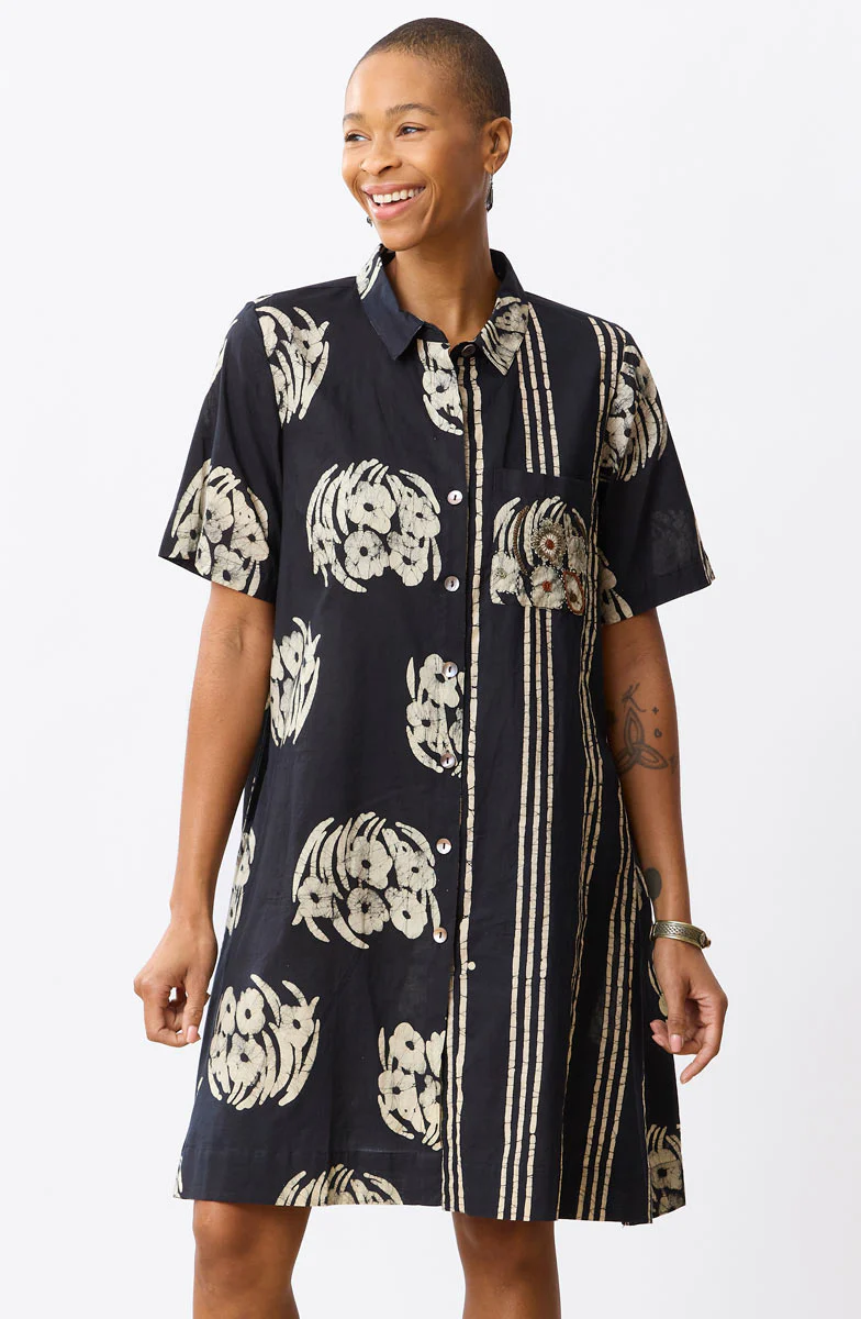 Deepali Short-Sleeve A-line Shirtdress - Black/Natural - Image 4