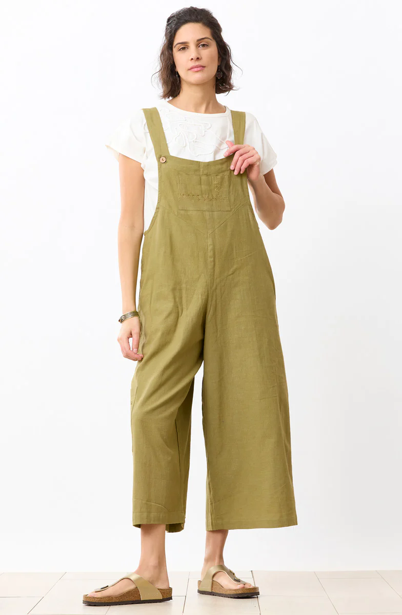Deepti Slub Cotton Cropped Overalls - Green chili