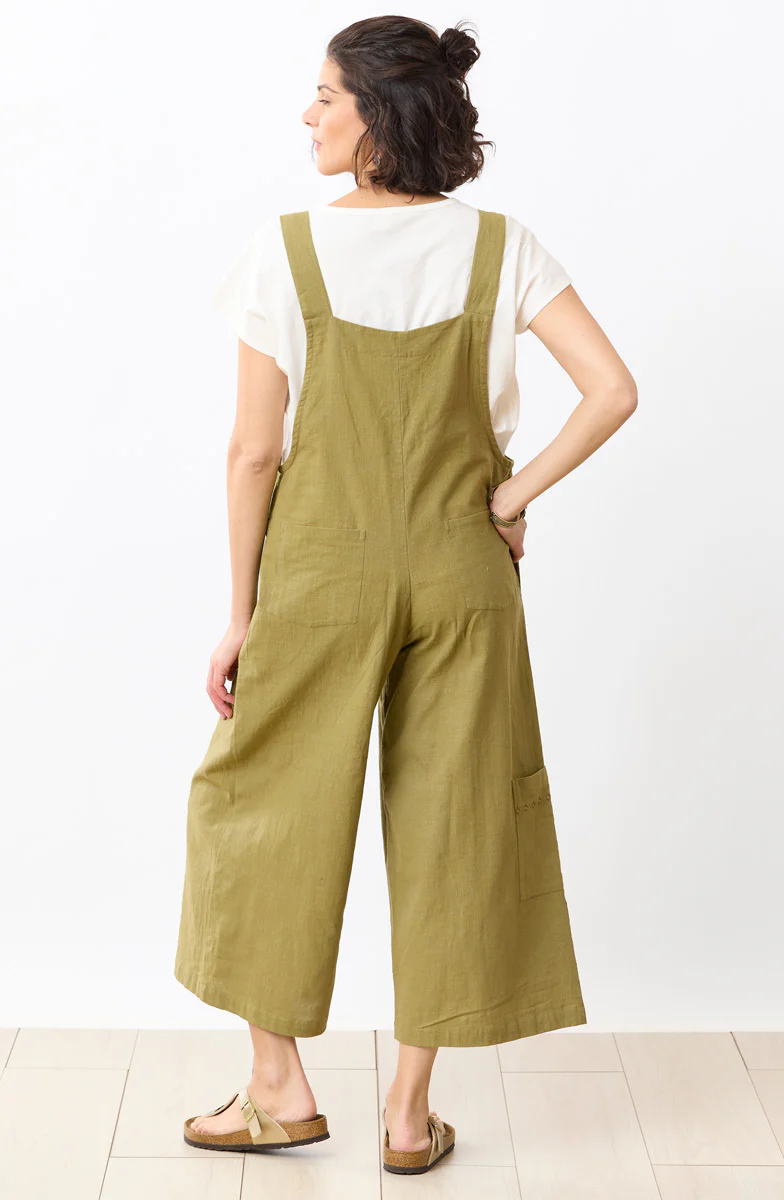 Deepti Slub Cotton Cropped Overalls - Green chili - Image 3