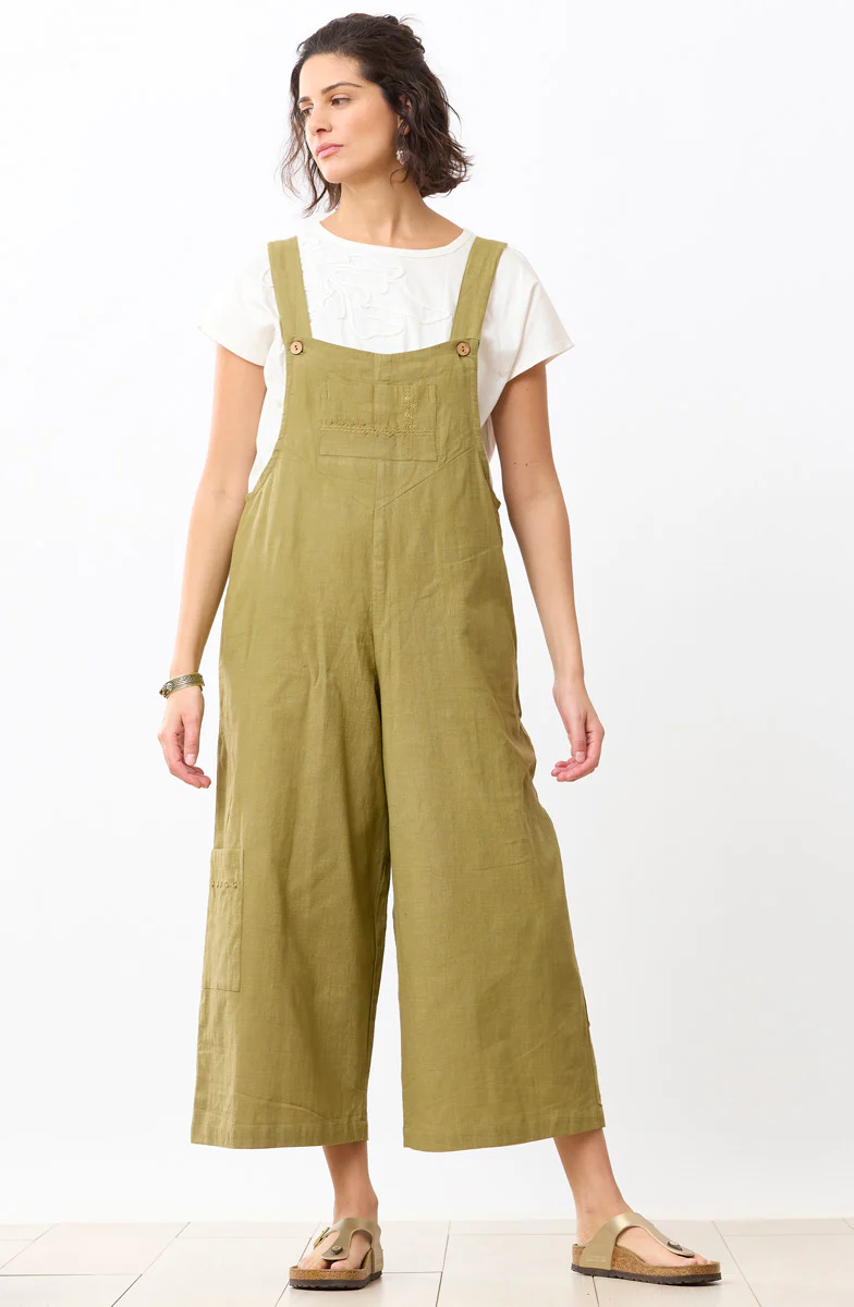 Deepti Slub Cotton Cropped Overalls - Green chili - Image 4