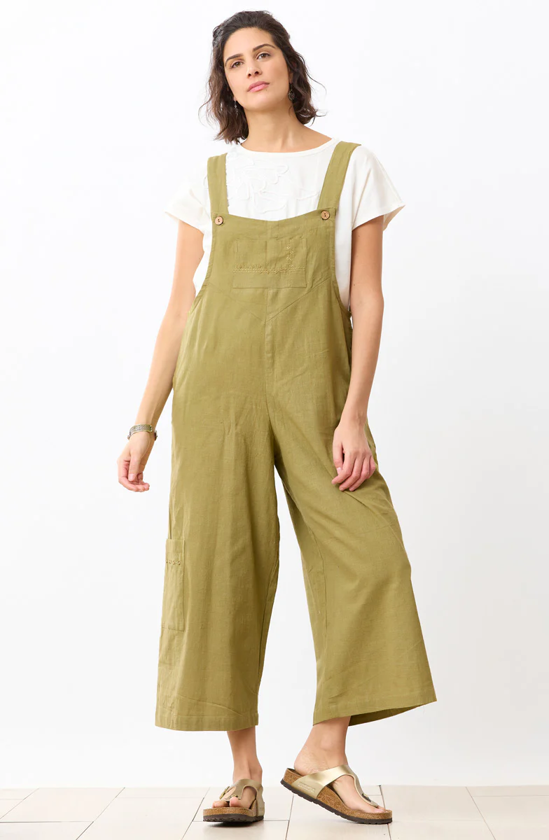 Deepti Slub Cotton Cropped Overalls - Green chili - Image 5