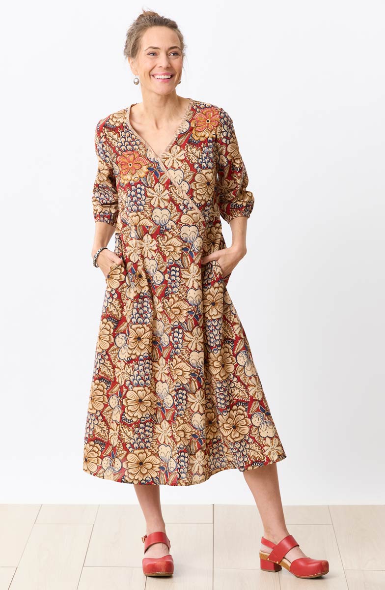 Devisha Natural Dye Faux-Wrap Midi Dress - Scarlet/Multi