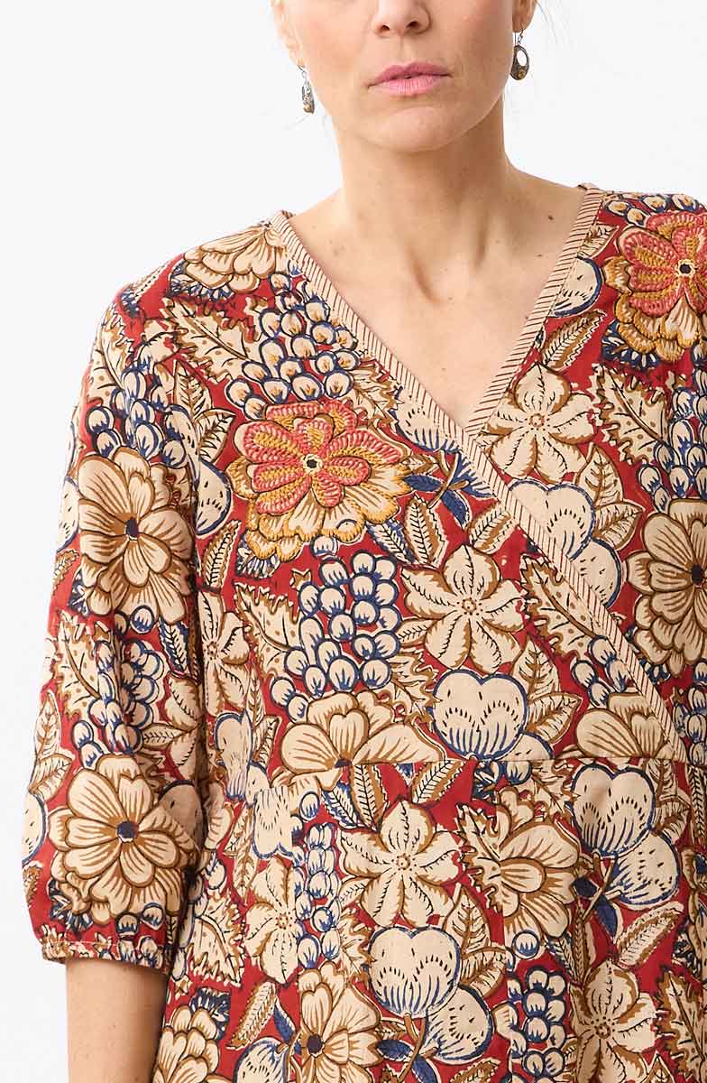 Devisha Natural Dye Faux-Wrap Midi Dress - Scarlet/Multi - Image 2