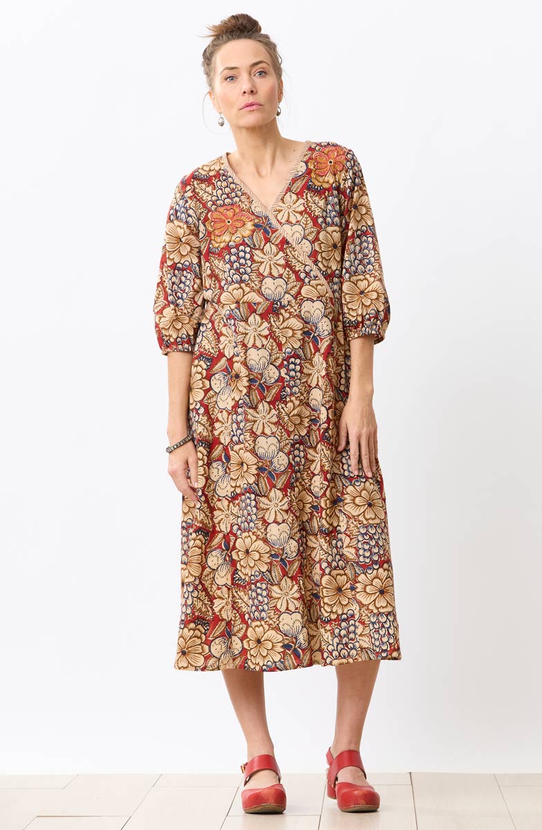 Devisha Natural Dye Faux-Wrap Midi Dress - Scarlet/Multi - Image 4